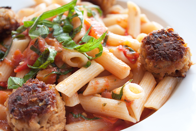 Heirloom Tomato Penne with Vegetarian Meatballs